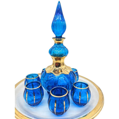 Cobalt Blue And Gold Mid Century Modern Liquor Genie Bottle Decanter Set
