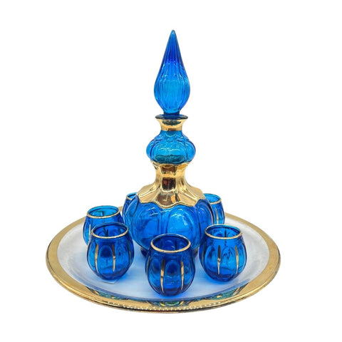 Cobalt Blue And Gold Mid Century Modern Liquor Genie Bottle Decanter Set