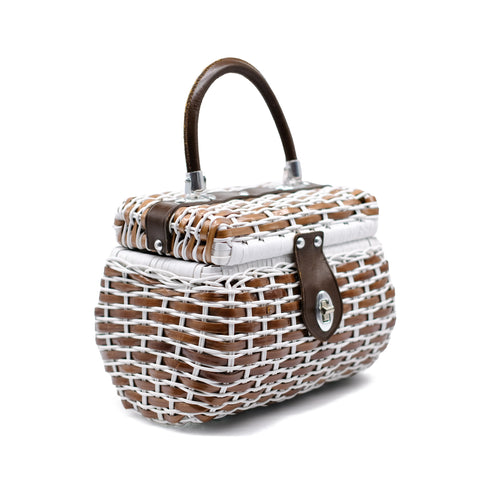 Brown and White Wicker Handbag