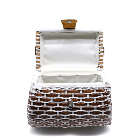 Brown and White Wicker Handbag