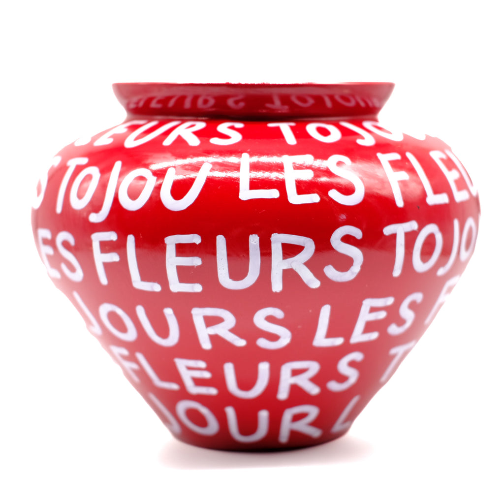 Red Round Vase with White Script