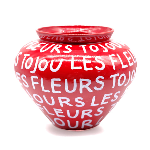 Red Round Vase with White Script