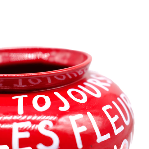 Red Round Vase with White Script