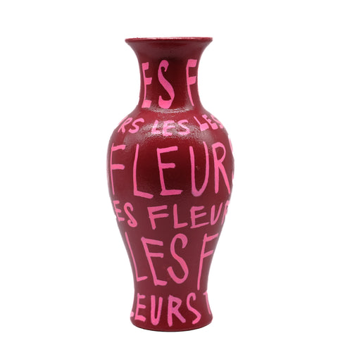 Burgundy Vase with Pink Lettering