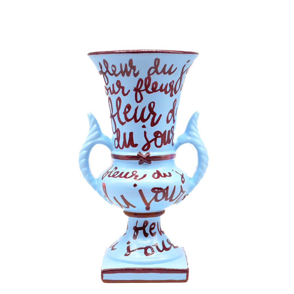 Blue Vase with Burgundy Lettering