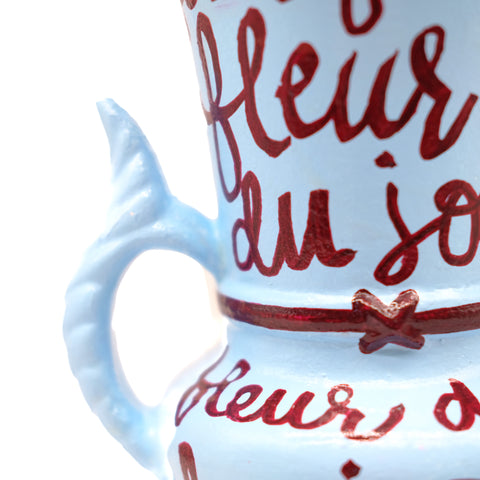 Blue Vase with Burgundy Lettering