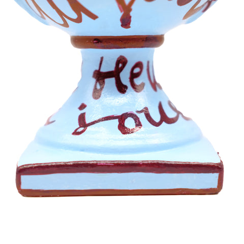 Blue Vase with Burgundy Lettering