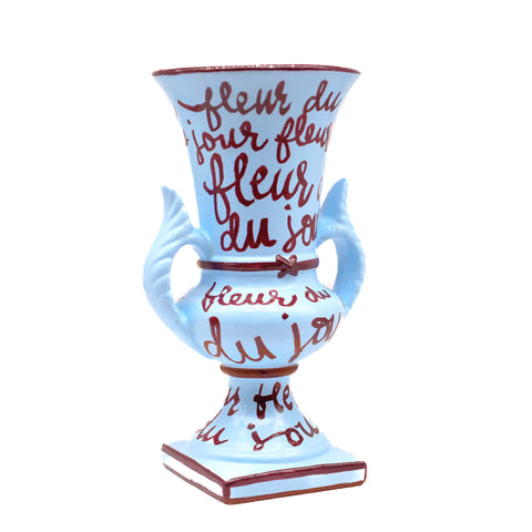 Blue Vase with Burgundy Lettering