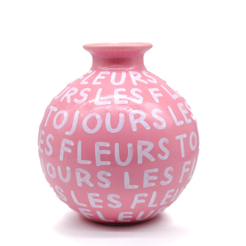 Pink Round Vase with White Lettering