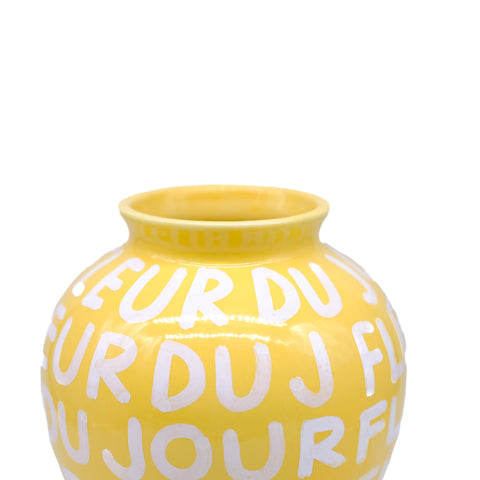 Yellow Vase with White Lettering