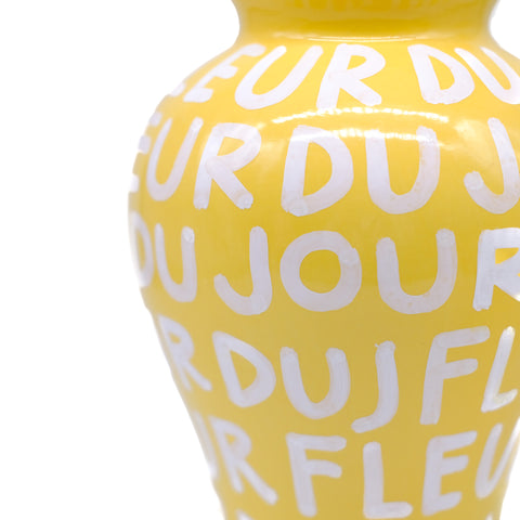Yellow Vase with White Lettering