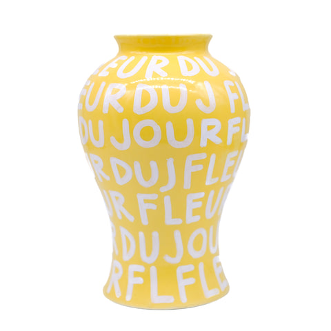 Yellow Vase with White Lettering
