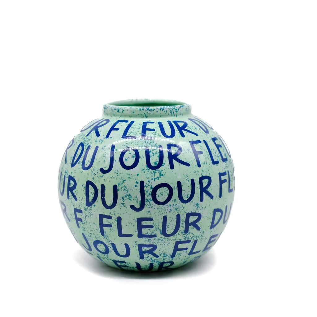 Green Round Vase with Blue Lettering