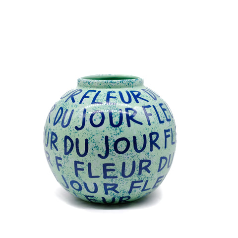 Green Round Vase with Blue Lettering