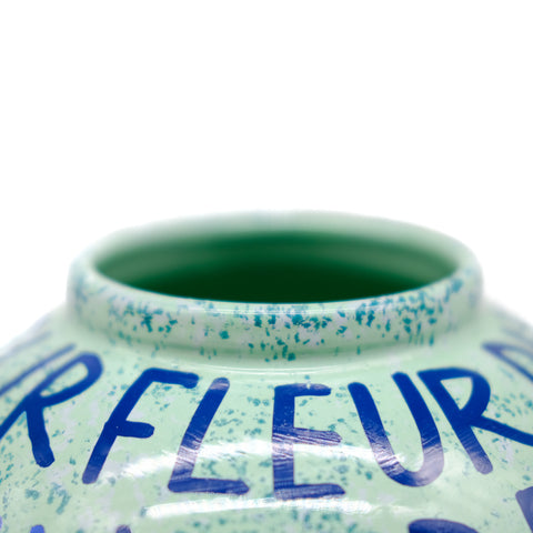 Green Round Vase with Blue Lettering