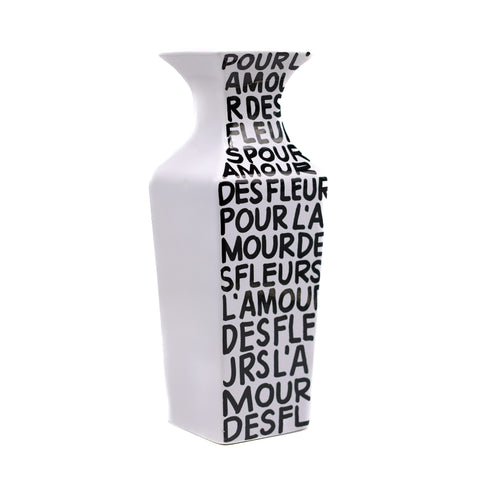 Tall White Hand Lettered Vase