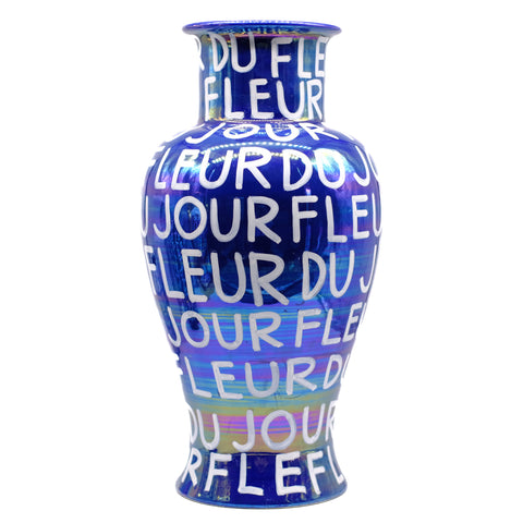 Iridescent Blue Hand Lettered Vase