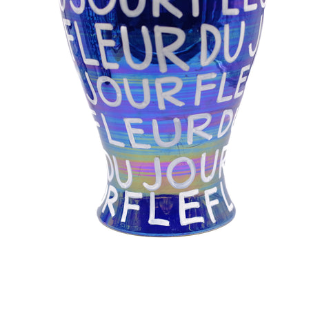 Iridescent Blue Hand Lettered Vase