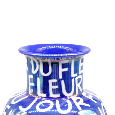 Iridescent Blue Hand Lettered Vase