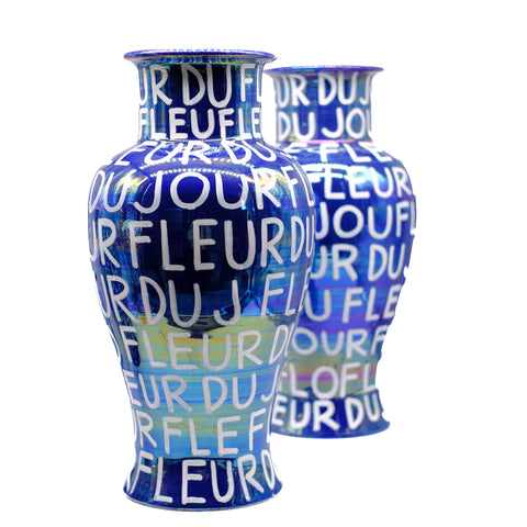 Iridescent Blue Hand Lettered Vase