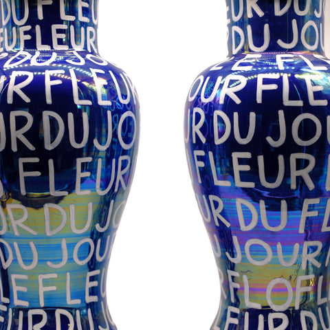 Iridescent Blue Hand Lettered Vase