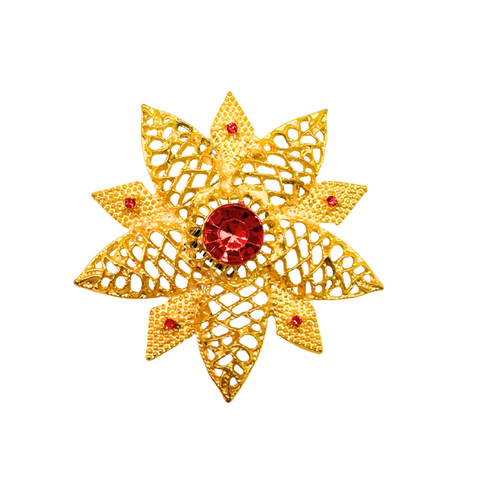 Flower Vintage Brooch Red and Gold