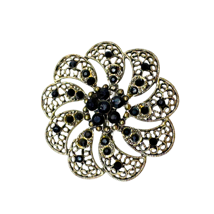 Vintage Black Jewel Flower Brooch