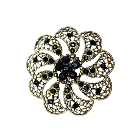Vintage Black Jewel Flower Brooch