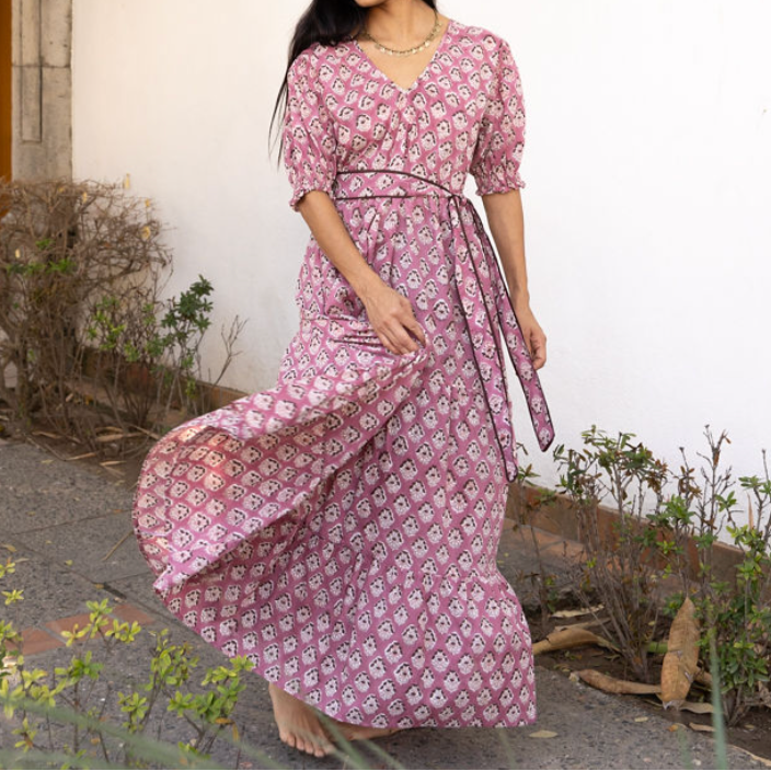 Block Printed Cotton Maxi Dress Rose