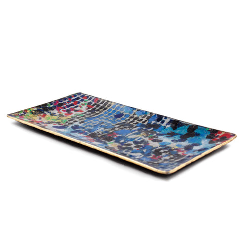 Abstract blue hand painted rectangles dish