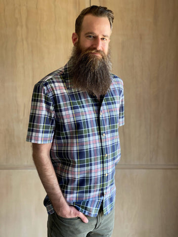 Navy Multi Plaid Short Sleeve Button-Up