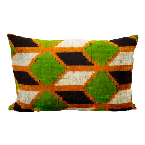 Ikat Green and Gold Patterned Velvet Pillow
