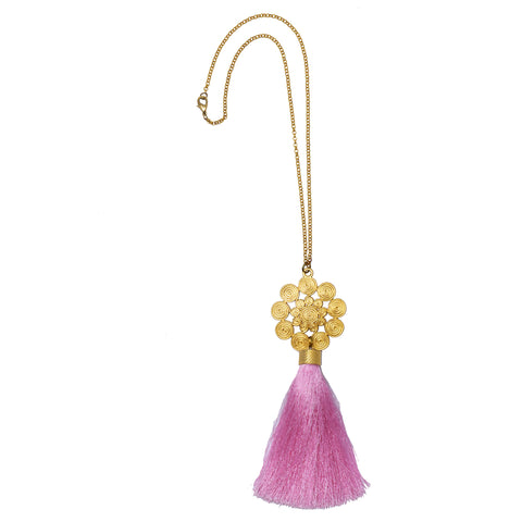 Flower Brass Pendant with Silky Pink Tassel