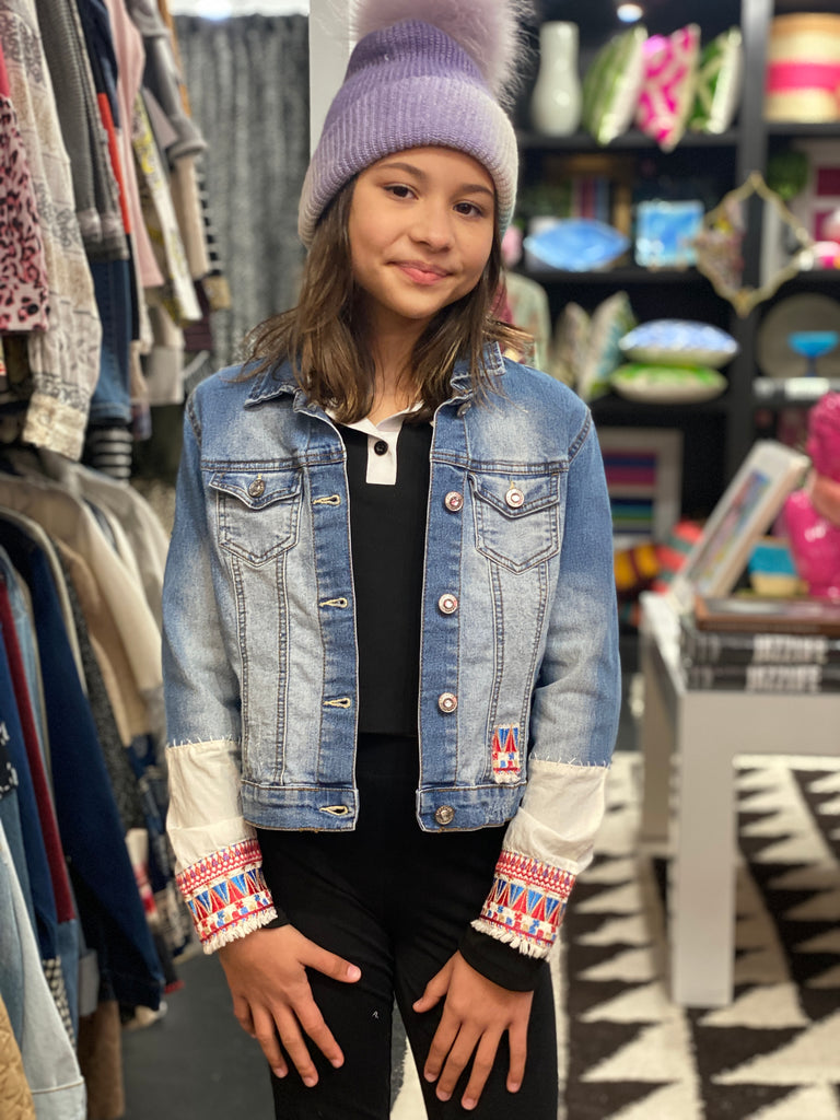 Kids Denim Jacket with Pom Pom Details