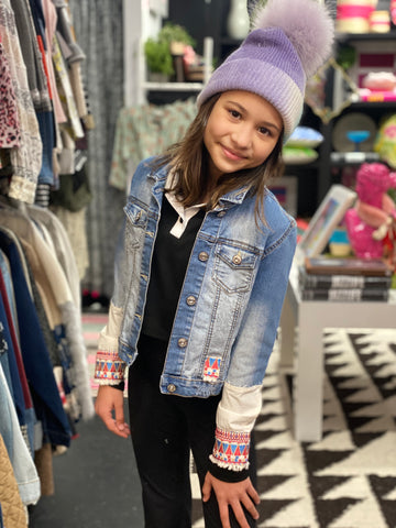 Kids Denim Jacket with Pom Pom Details