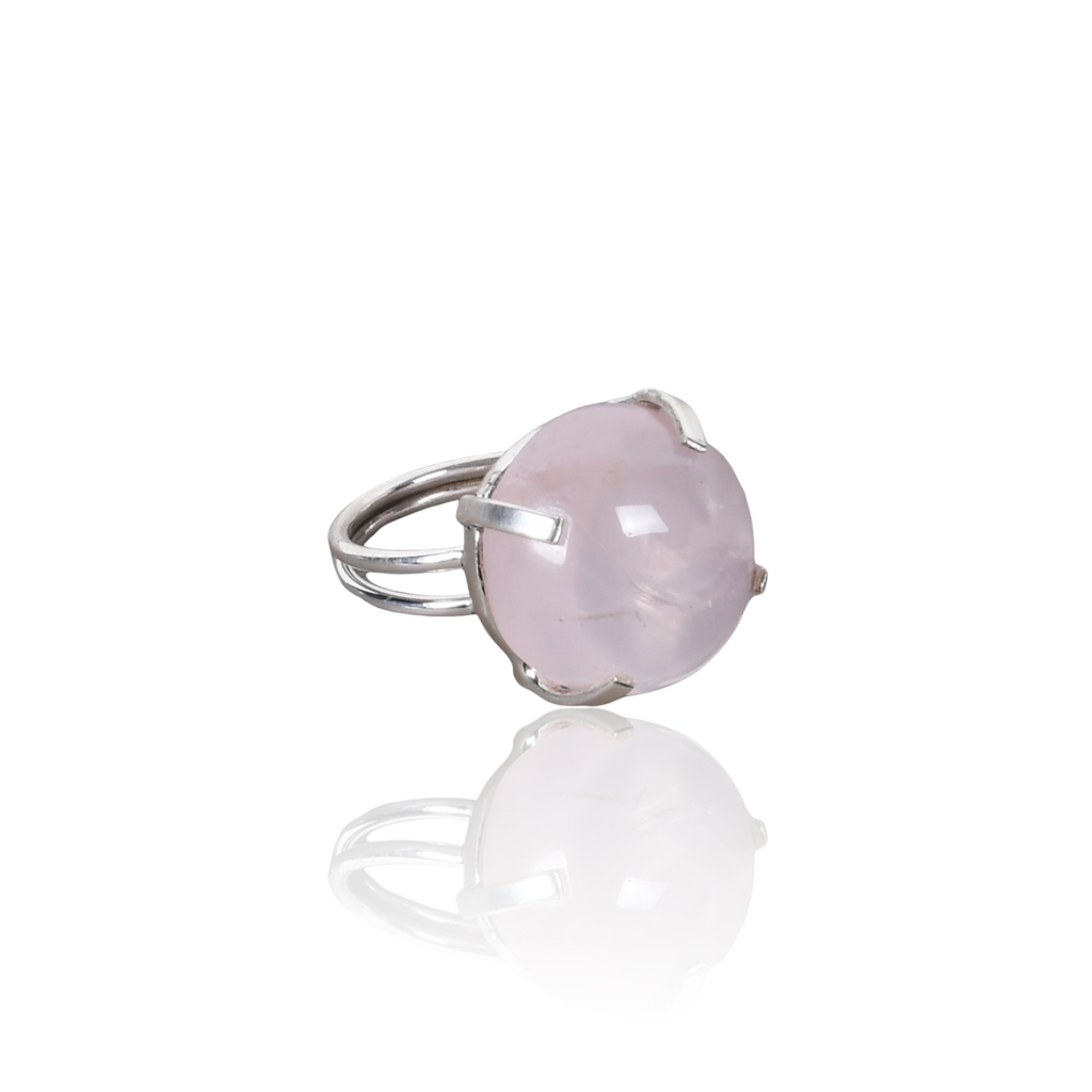 Pink Rose Quartz Round Shape Silver Ring
