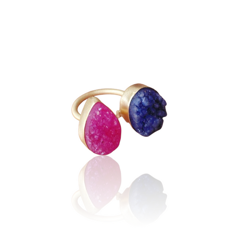 Pink And Blue Druzzy Matte 18K Gold Ring