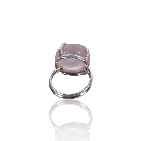 Pink Rose Quartz Round Shape Silver Ring
