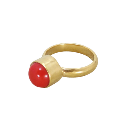 Red Coral 22K Gold Plated Round Stone Ring
