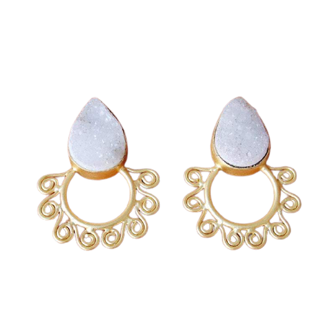 Natural White Druzy, 18K Gold Plated Earrings.