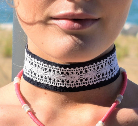 Blue Suede with White Lace Choker