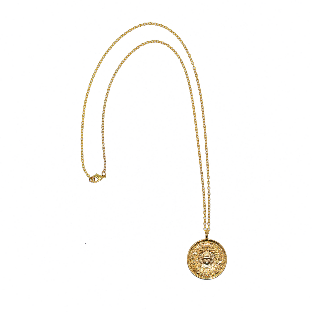 Buddha Brass Coin Necklace with Ornate Trim