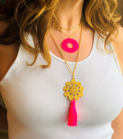 Bright Pink Capiz Shell Pendant Necklace