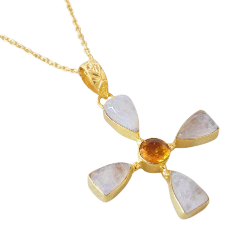 Natural Rainbow Moonstone, Citrine, 18K Gold Plated Necklace.