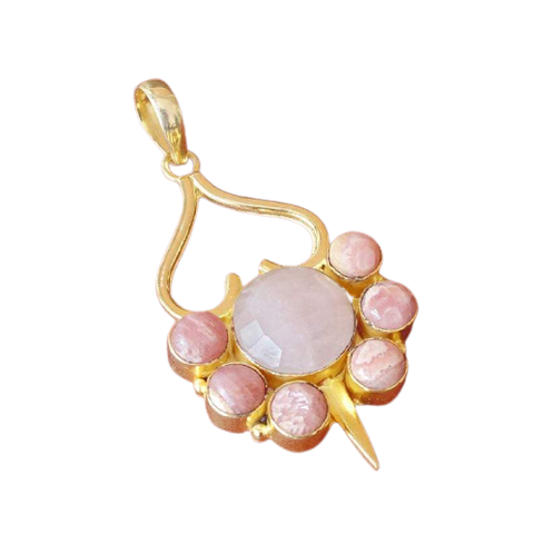 Pink Rhodochrosite, Rose Quartz, Matte Gold Plated Necklace.