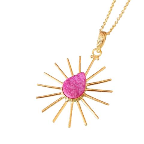 Pink Druzy, Gold Plated Necklace.