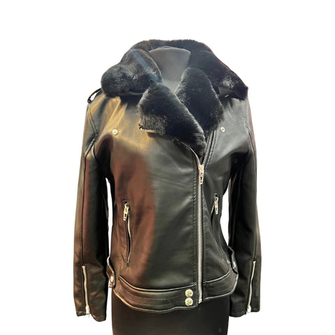 Black Moto Embellished Jacket with f-fur
