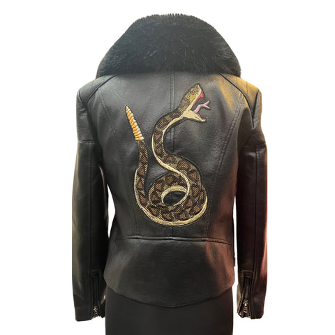 Black Moto Embellished Jacket with f-fur