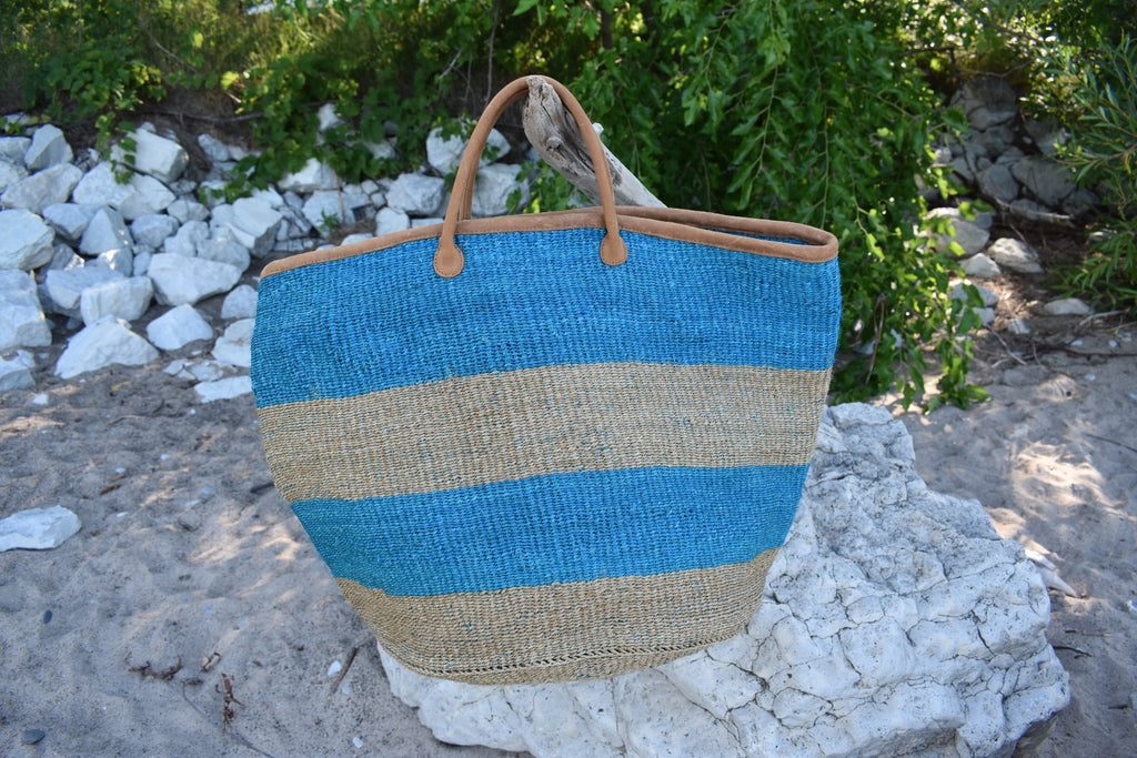 Woven Tote Basket - Turquoise Stripe
