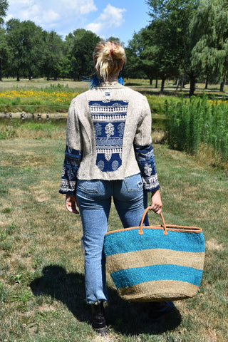 Woven Tote Basket - Turquoise Stripe